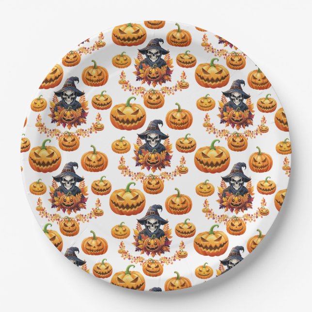 Plato De Papel Parche de Calabaza de Halloween (Anverso)