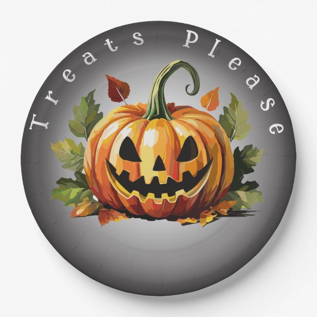 Plato De Papel Parche de Calabaza de Halloween Personalizable  (Anverso)