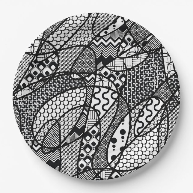Plato De Papel Parche de patchwork de patrón blanco y negro 05 (Anverso)
