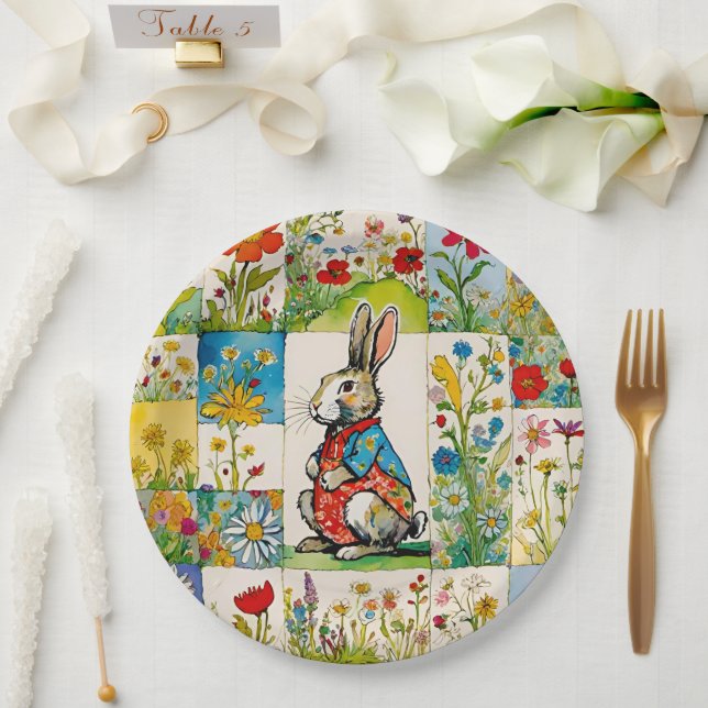 Plato De Papel Parche floral de conejo conejo de pascua (Boda)