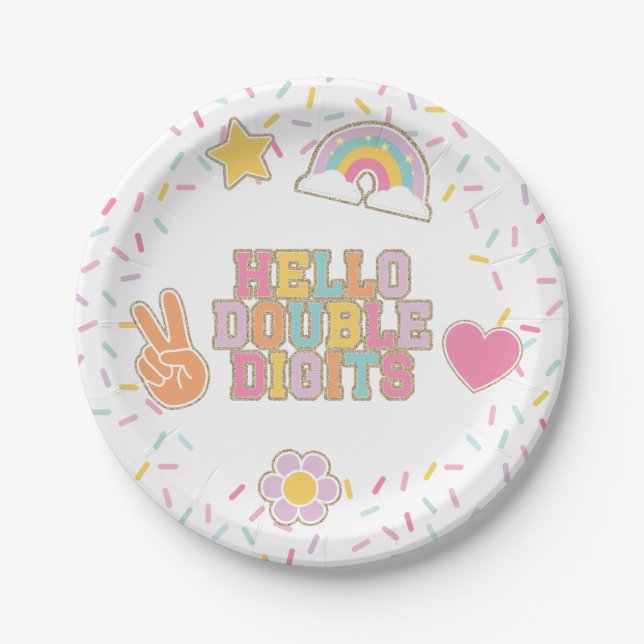 Plato De Papel Parche Preppy Hello Doble Dígito Cumpleaños 10 (Anverso)