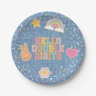 Plato De Papel Parche Preppy Hola Dobles Dígitos Cumpleaños 10