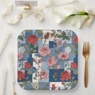 Plato De Papel Parches retro de Denim con rosas rojas