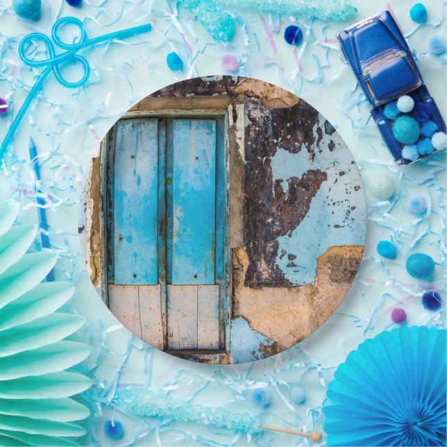Plato De Papel Pared azul y puerta (Fiesta)