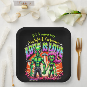 Plato De Papel Pareja alienígena en amor cósmico