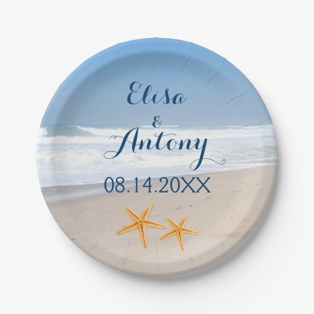 Plato De Papel Pareja de boda de playa de destino de pez estrella (Anverso)