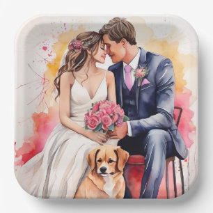 Plato De Papel Pareja de boda hermosa acuarela