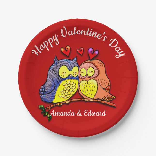 Plato De Papel Pareja de búhos de San Valentín (Anverso)