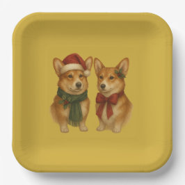 Plato De Papel Pareja de Corgi Elegante Navidad Fiesta Navideña 