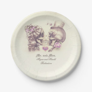 Plato De Papel Pareja de cráneo Boda púrpura gótico