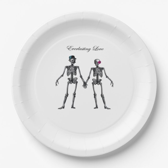 Plato De Papel Pareja de esqueletos góticos (blanco) clásico (Anverso)