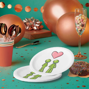 Plato De Papel Pareja de figuras de palito verdes con corazón ros