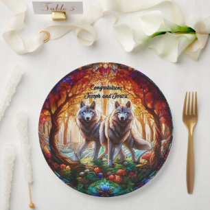 Plato De Papel Pareja de Lobos Gris de Vidrio Manchado