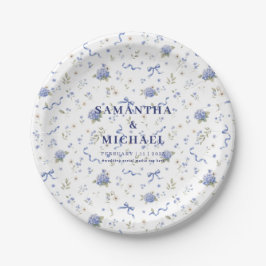 Plato De Papel Pareja de novios con flores azules navy Concepto f
