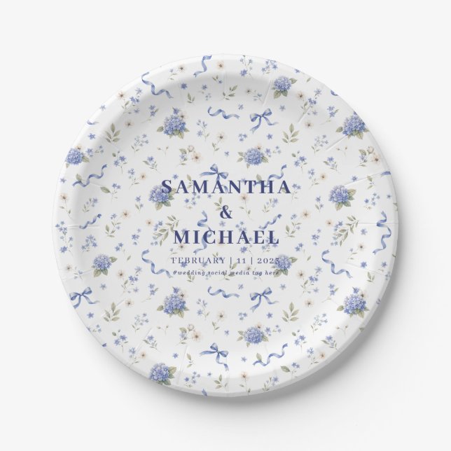Plato De Papel Pareja de novios con flores azules navy Concepto f (Anverso)