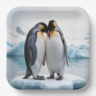 Plato De Papel Pareja De Pingüino En Un Iceberg
