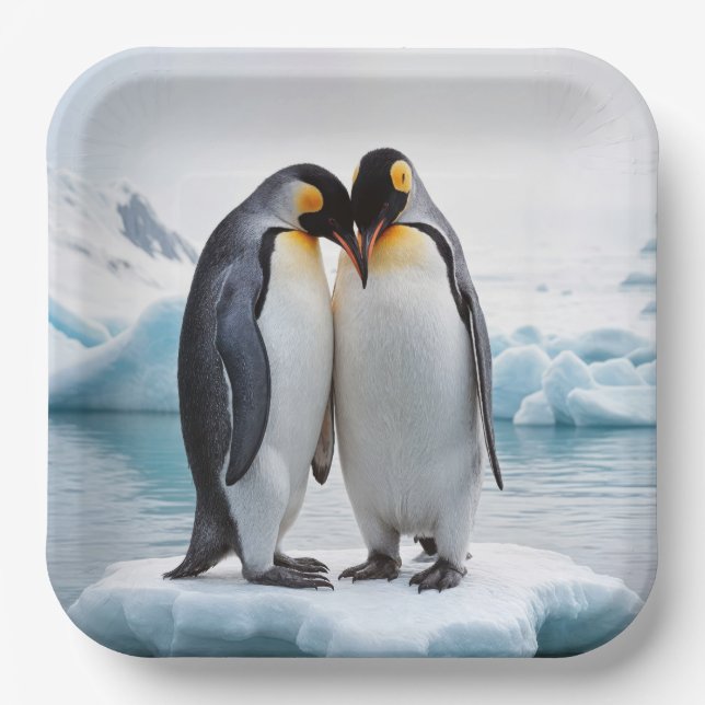 Plato De Papel Pareja De Pingüino En Un Iceberg (Anverso)