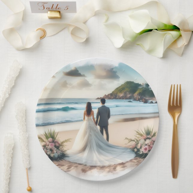 Plato De Papel Pareja de Playa de Boda (Boda)