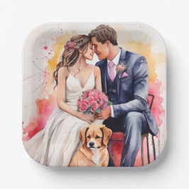 Plato De Papel Pareja de recién casados acuarela Preciosa