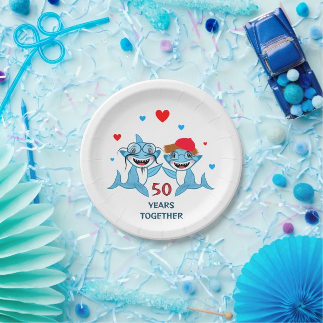 Plato De Papel Pareja de tiburones azules (Fiesta)