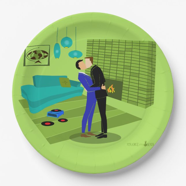 Plato De Papel Pareja gay retro enamorada (Anverso)