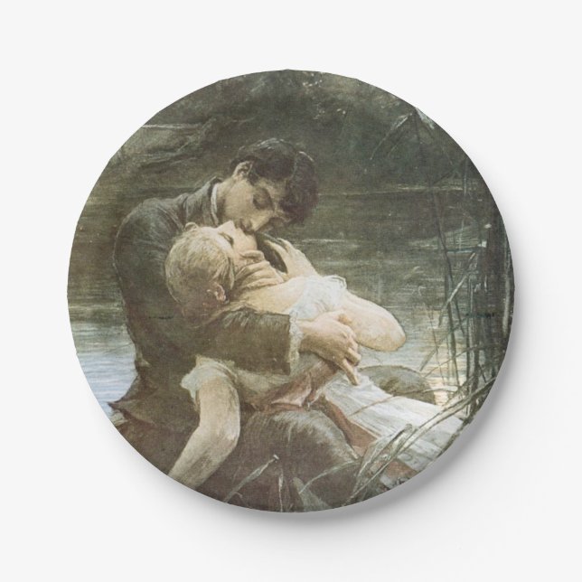 Plato De Papel Pareja joven enamorada (besándose en un bote) (Anverso)