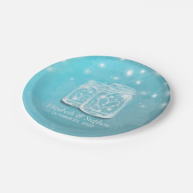 Plato De Papel Pareja Mason Jar String Luce Blue Floral Boda (Angular)