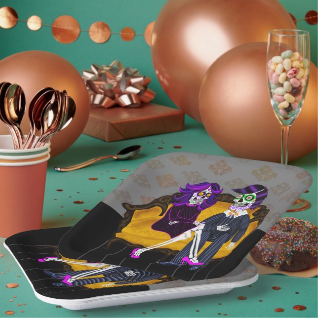 Plato De Papel Pareja moderna de cráneos de azúcar en sofá amaril (Multi)