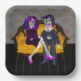 Plato De Papel Pareja moderna de cráneos de azúcar en sofá amaril