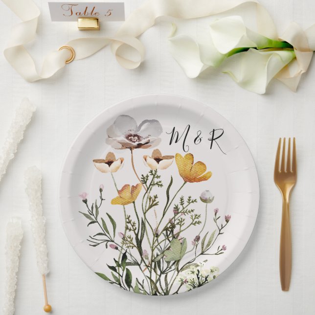 Plato De Papel Pareja personalizada Monograma Flor silvestre seca (Boda)