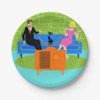 Pareja retro con placas de papel para gato