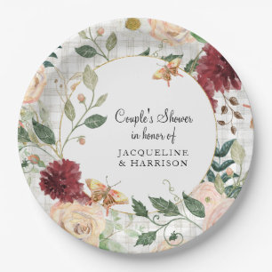 Plato De Papel Parejas Ducha Británica Acuarela Flora Placa Gris