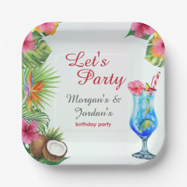 Plato De Papel Parejas Tropicales de Verano Amigo Cumpleaños Conj