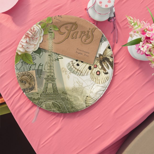 Plato De Papel París Francia Collage de arte antiguo Eiffel Franc (An example of this plate on a tabletop.)
