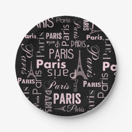 Plato De Papel Paris rosa, y estampado paris negro