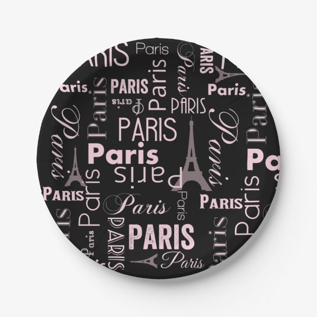 Plato De Papel Paris rosa, y estampado paris negro (Anverso)