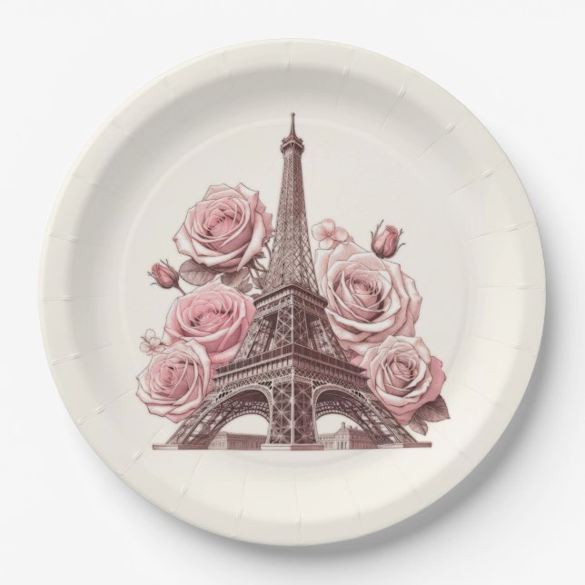 Plato De Papel París Torre Eiffel y rosas rosadas (Anverso)