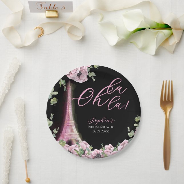 Plato De Papel Parisian Black Pink Floral Paper Plate (Boda)