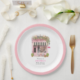 Plato De Papel Parisian Cafe Bonjour Bebe Pink Bow Baby Shower