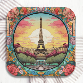 Plato De Papel Parisino Sunset Eiffel Tower Paris Floral Francesa