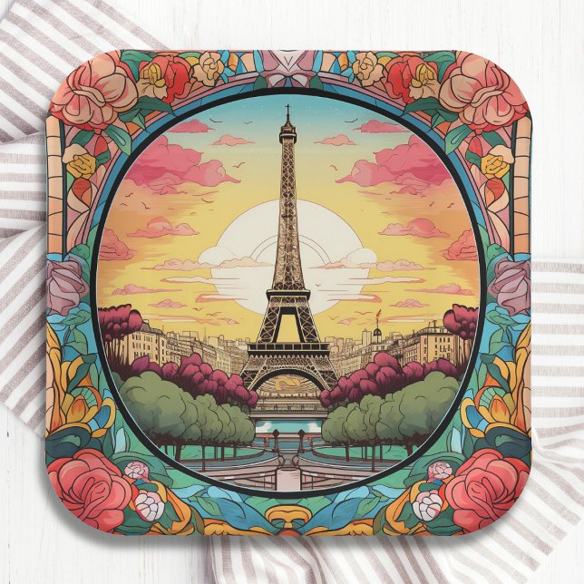 Plato De Papel Parisino Sunset Eiffel Tower Paris Floral Francesa (Subido por el creador)