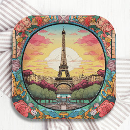 Plato De Papel Parisino Sunset Eiffel Tower Paris Floral Francesa