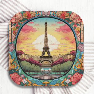 Plato De Papel Parisino Sunset Eiffel Tower Paris Floral Francesa
