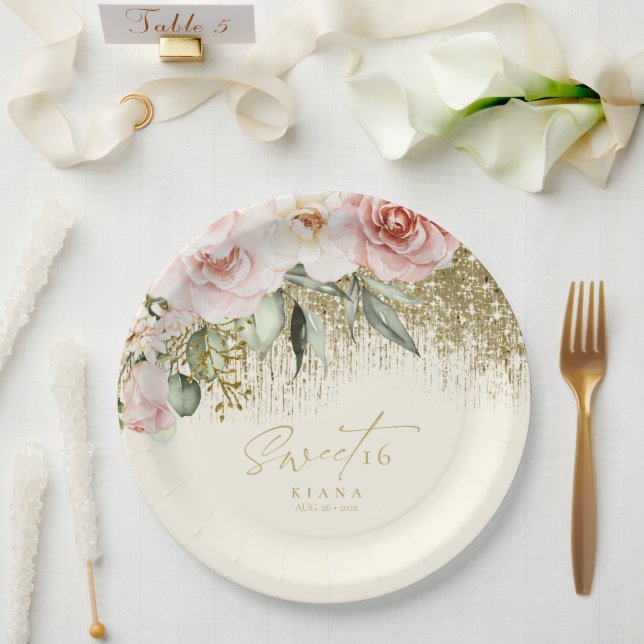 Plato De Papel Parques florales dulces Dieciséis Gold ID912 (Boda)