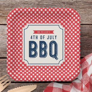 Plato De Papel Parrillada del 4 de julio con gingham rojo y azul