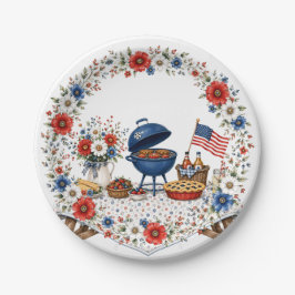 Plato De Papel Parrillada del Día de los Caídos floral patriótica