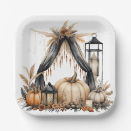 Plato De Papel Partido Boho Gothic Halloween - Calabazas y farol