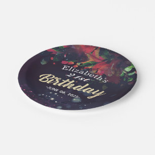 Plato De Papel Partido Cumpleaños Red Floral Gold Script Purple L