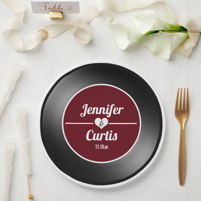 Plato De Papel Partido de Boda Roja Retro Vinil Record (Boda)