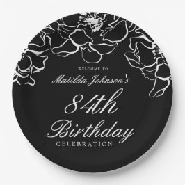 Plato De Papel Partido de cumpleaños Black White Floral
